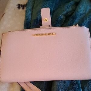 Michael Kors Light Pink Saffiano Leather Wristlet Clutch with Gold Hardware